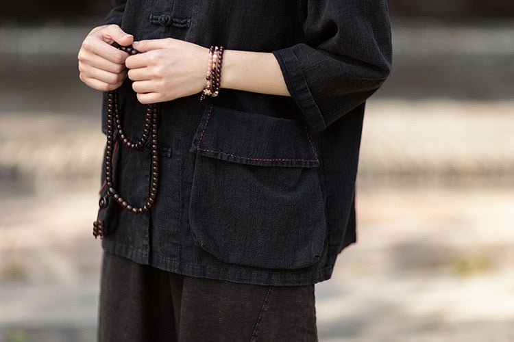 Tao One Tech™ • Zen Business Qigong Shirt Jacket • Tech Pockets • Sunscreen Layer • All Season Layer • Chinoiserie • Ramie Cotton