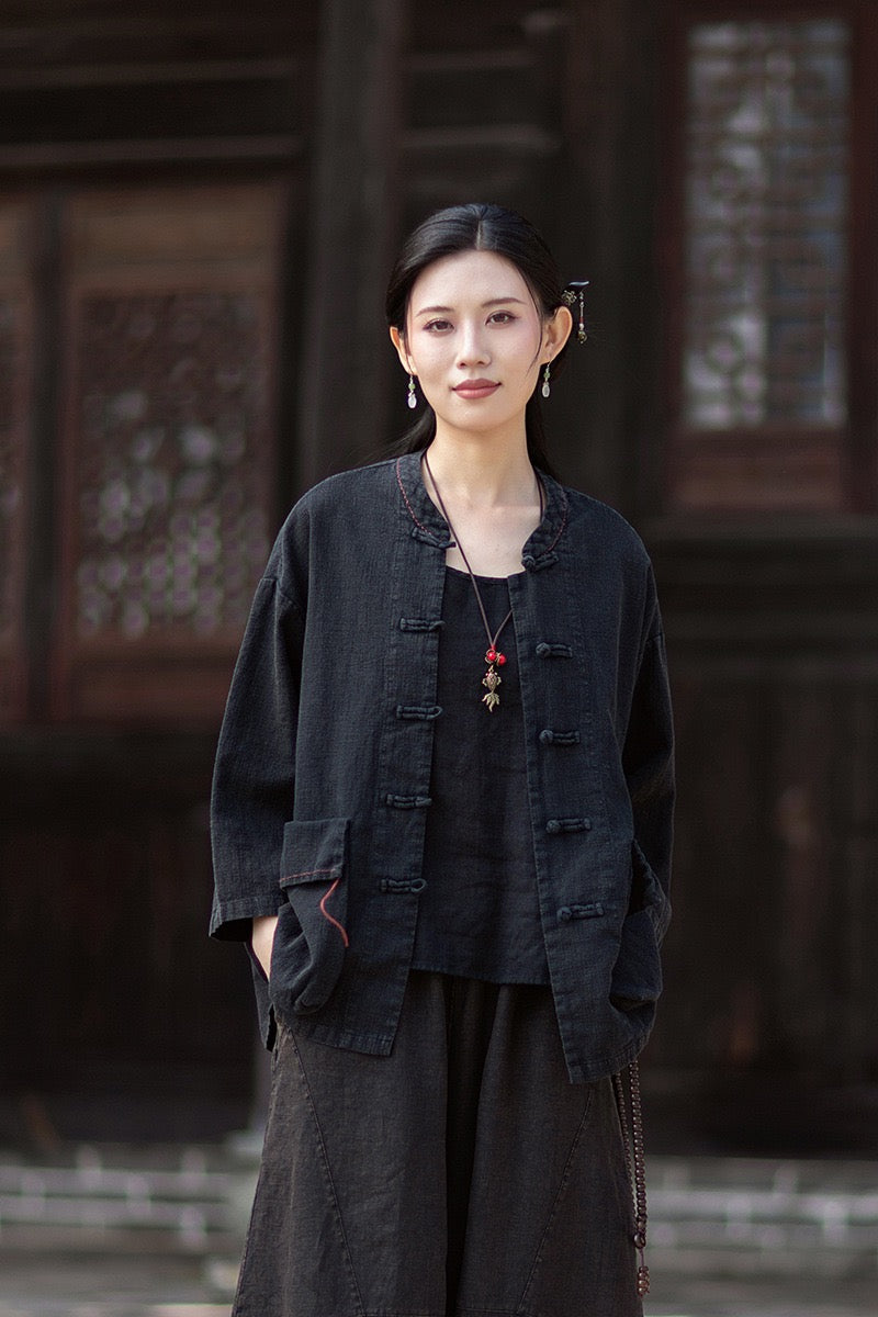 Tao One Tech™ • Zen Business Qigong Shirt Jacket • Tech Pockets • Sunscreen Layer • All Season Layer • Chinoiserie • Ramie Cotton