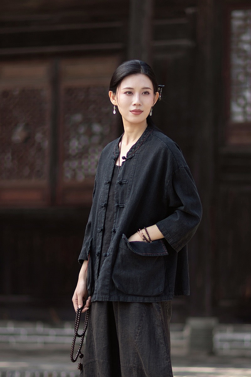 Tao One Tech™ • Zen Business Qigong Shirt Jacket • Tech Pockets • Sunscreen Layer • All Season Layer • Chinoiserie • Ramie Cotton