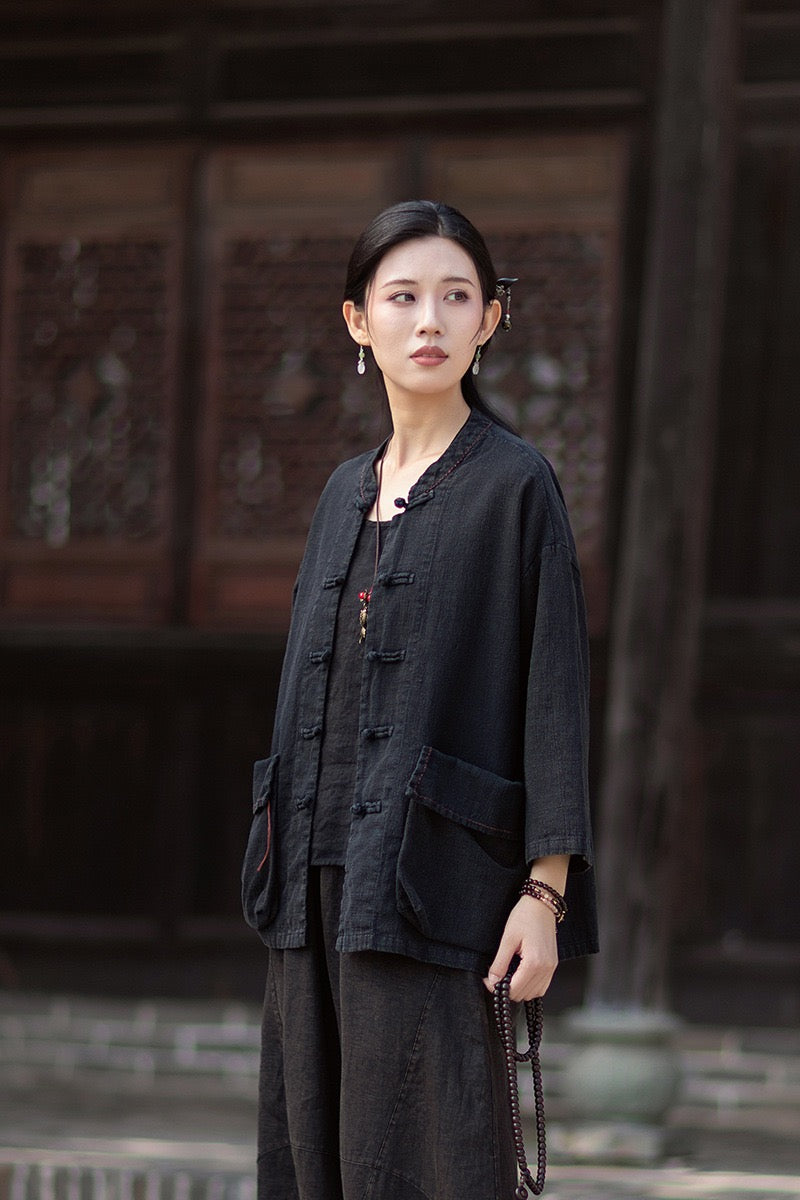 Tao One Tech™ • Zen Business Qigong Shirt Jacket • Tech Pockets • Sunscreen Layer • All Season Layer • Chinoiserie • Ramie Cotton