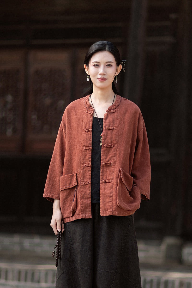 Tao One Tech™ • Zen Business Qigong Shirt Jacket • Tech Pockets • Sunscreen Layer • All Season Layer • Chinoiserie • Ramie Cotton