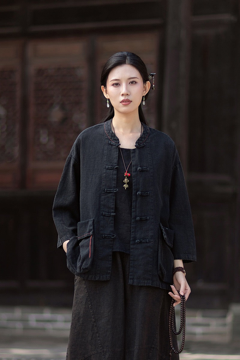 Tao One Tech™ • Zen Business Qigong Shirt Jacket • Tech Pockets • Sunscreen Layer • All Season Layer • Chinoiserie • Ramie Cotton