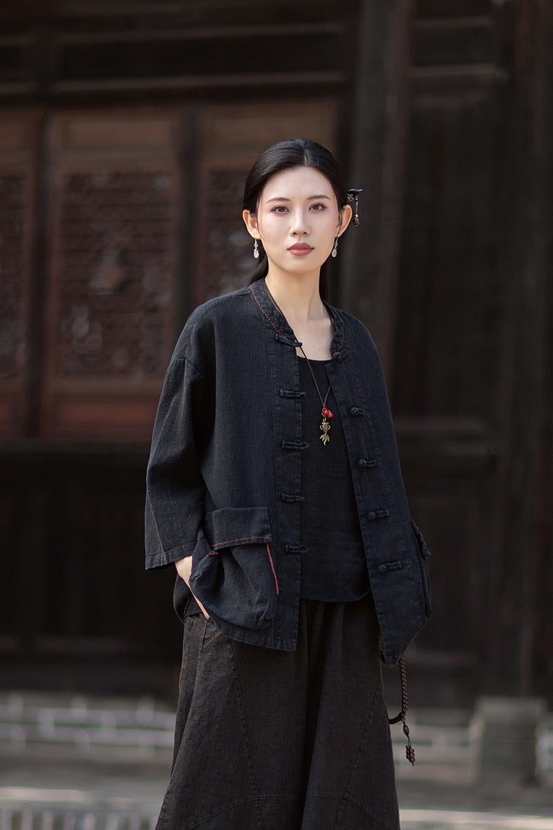 Tao One Tech™ • Zen Business Qigong Shirt Jacket • Tech Pockets • Sunscreen Layer • All Season Layer • Chinoiserie • Ramie Cotton