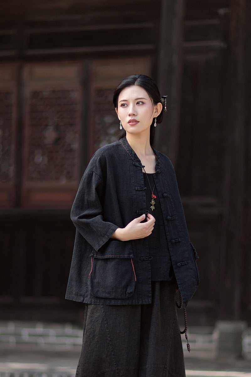 Tao One Tech™ • Zen Business Qigong Shirt Jacket • Tech Pockets • Sunscreen Layer • All Season Layer • Chinoiserie • Ramie Cotton