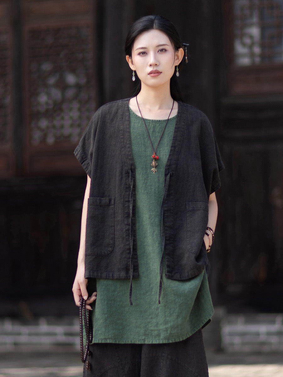 Tao One Tech™ • Zen Business Qigong Hanfu Kimono Vest • Tech Pockets • All Season Layer • Chinoiserie • Ramie Cotton