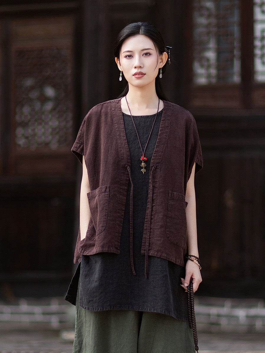 Tao One Tech™ • Zen Business Qigong Hanfu Kimono Vest • Tech Pockets • All Season Layer • Chinoiserie • Ramie Cotton