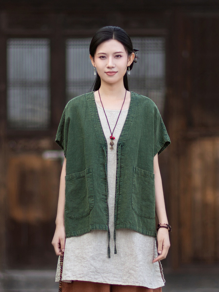 Tao One Tech™ • Zen Business Qigong Hanfu Kimono Vest • Tech Pockets • All Season Layer • Chinoiserie • Ramie Cotton