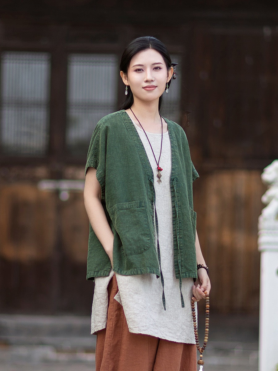 Tao One Tech™ • Zen Business Qigong Hanfu Kimono Vest • Tech Pockets • All Season Layer • Chinoiserie • Ramie Cotton