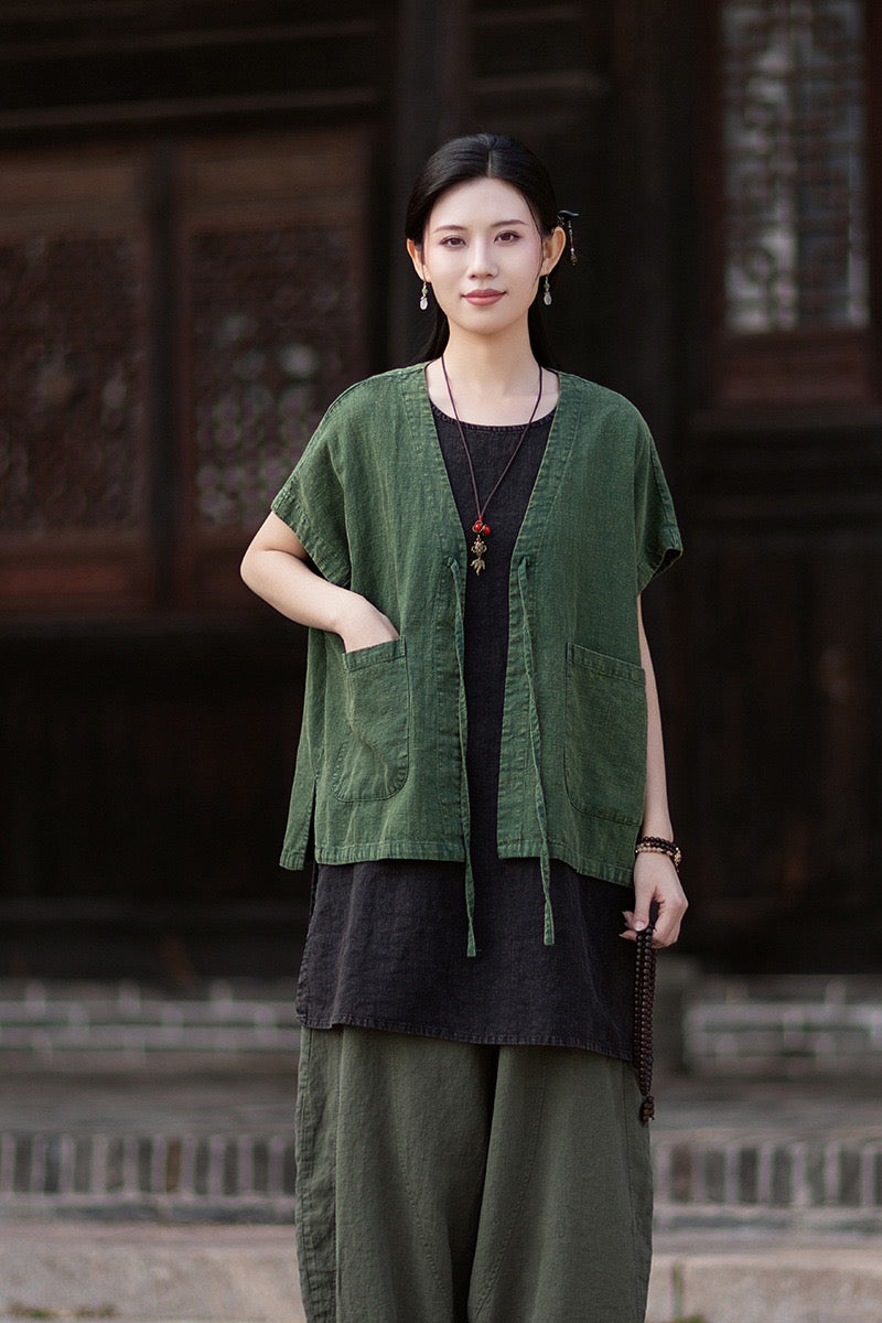 Tao One Tech™ • Zen Business Qigong Hanfu Kimono Vest • Tech Pockets • All Season Layer • Chinoiserie • Ramie Cotton