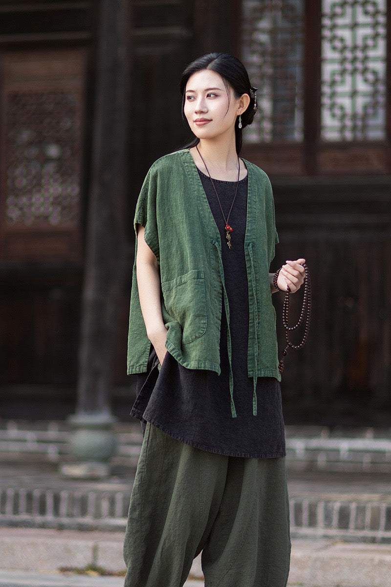 Tao One Tech™ • Zen Business Qigong Hanfu Kimono Vest • Tech Pockets • All Season Layer • Chinoiserie • Ramie Cotton