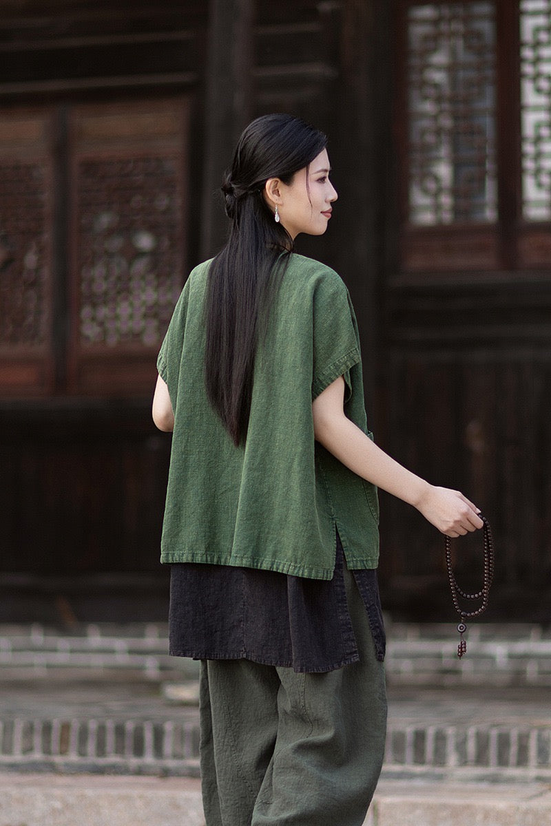 Tao One Tech™ • Zen Business Qigong Hanfu Kimono Vest • Tech Pockets • All Season Layer • Chinoiserie • Ramie Cotton