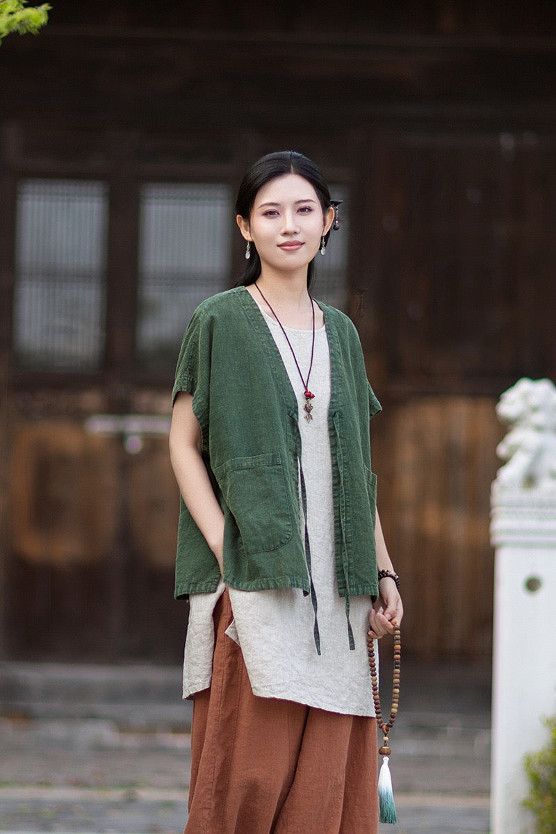 Tao One Tech™ • Zen Business Qigong Hanfu Kimono Vest • Tech Pockets • All Season Layer • Chinoiserie • Ramie Cotton