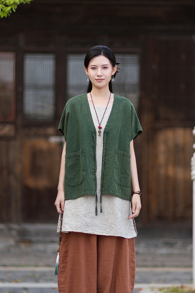 Tao One Tech™ • Zen Business Qigong Hanfu Kimono Vest • Tech Pockets • All Season Layer • Chinoiserie • Ramie Cotton