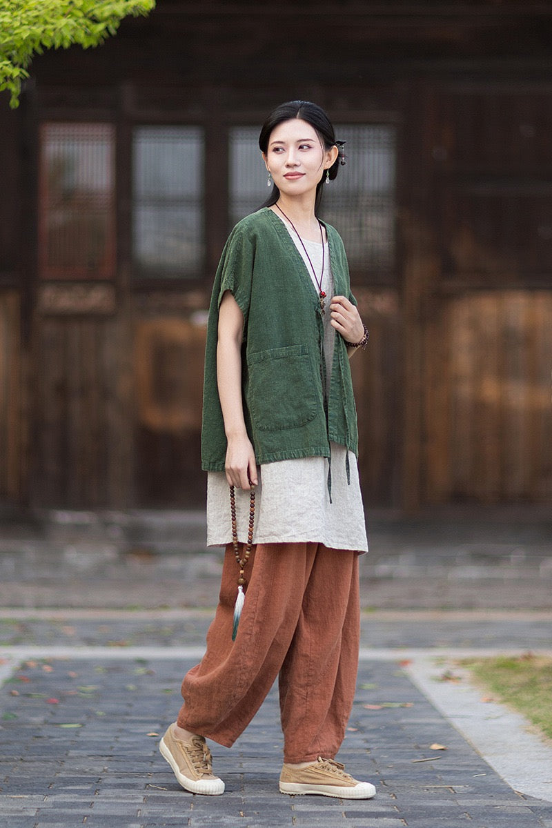 Tao One Tech™ • Zen Business Qigong Hanfu Kimono Vest • Tech Pockets • All Season Layer • Chinoiserie • Ramie Cotton