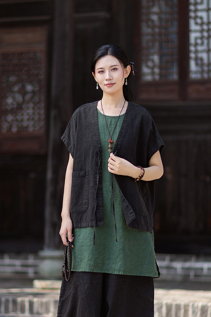 Tao One Tech™ • Zen Business Qigong Hanfu Kimono Vest • Tech Pockets • All Season Layer • Chinoiserie • Ramie Cotton