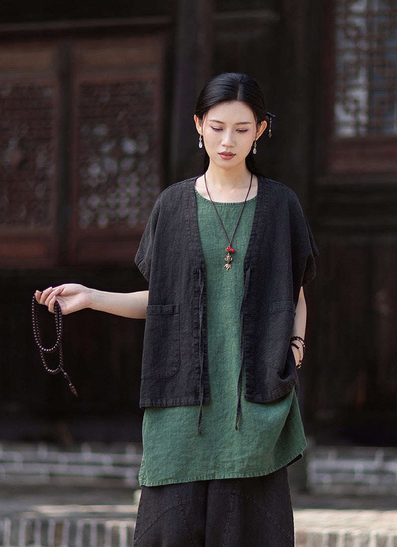 Tao One Tech™ • Zen Business Qigong Hanfu Kimono Vest • Tech Pockets • All Season Layer • Chinoiserie • Ramie Cotton