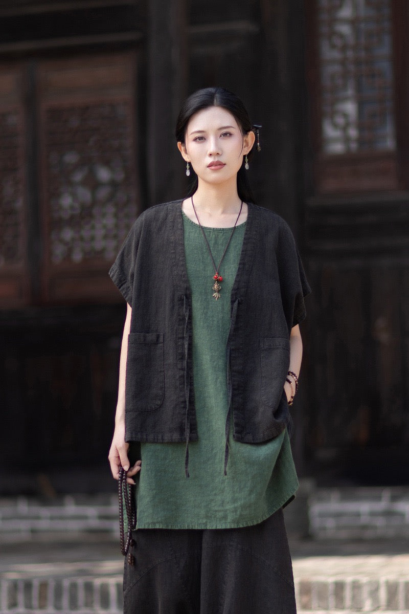 Tao One Tech™ • Zen Business Qigong Hanfu Kimono Vest • Tech Pockets • All Season Layer • Chinoiserie • Ramie Cotton