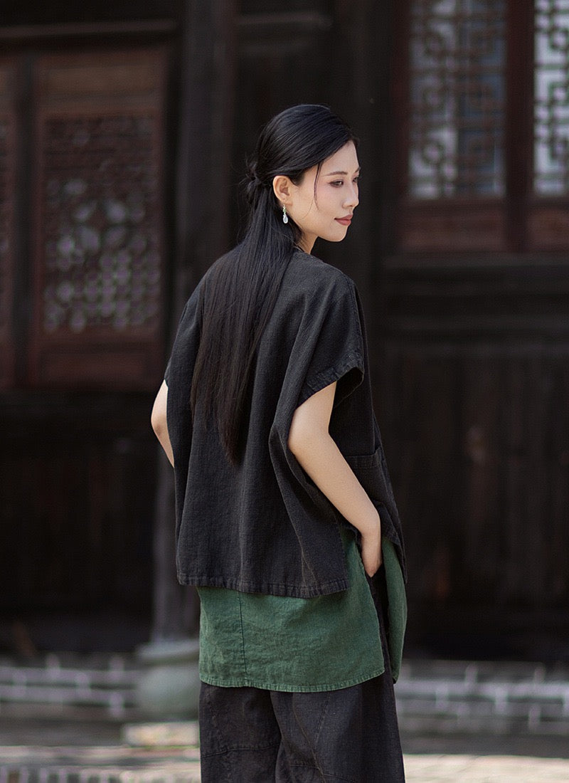 Tao One Tech™ • Zen Business Qigong Hanfu Kimono Vest • Tech Pockets • All Season Layer • Chinoiserie • Ramie Cotton