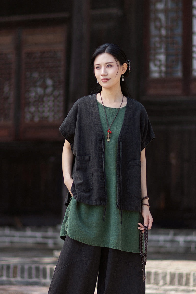 Tao One Tech™ • Zen Business Qigong Hanfu Kimono Vest • Tech Pockets • All Season Layer • Chinoiserie • Ramie Cotton