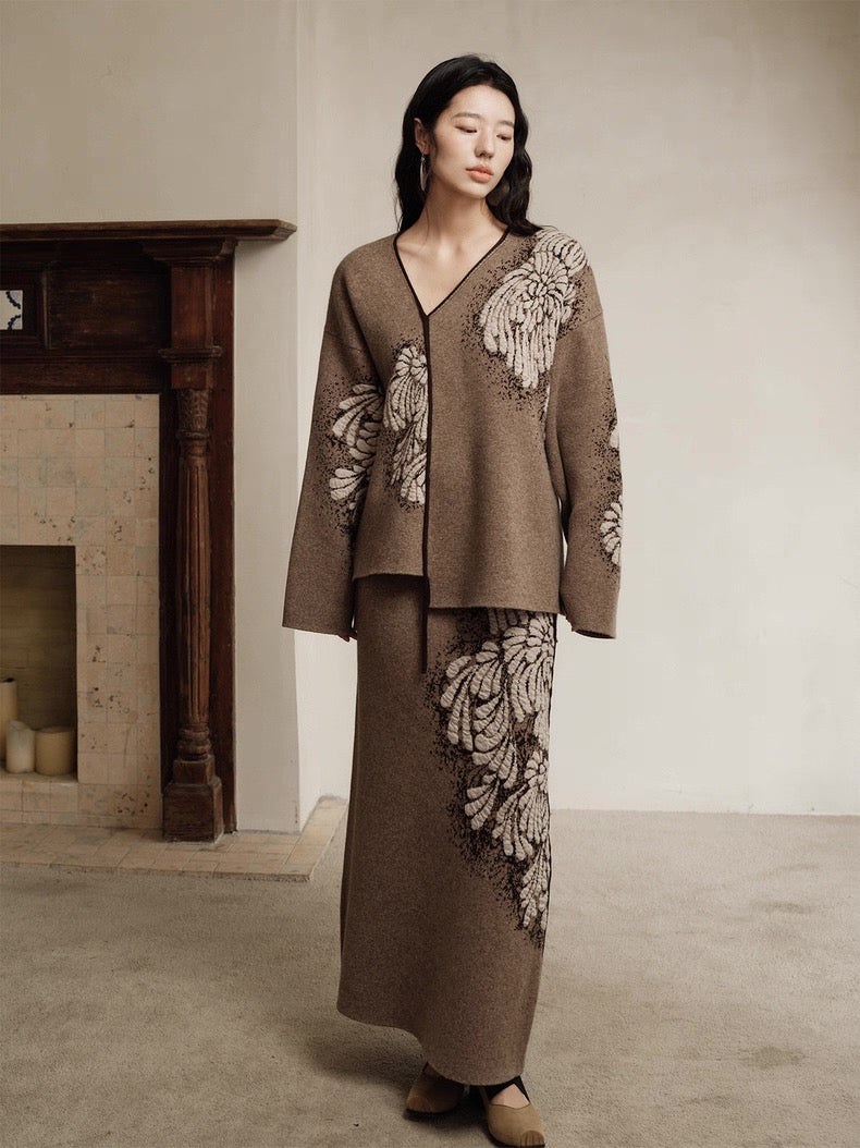 Tao One Tech™ • Painted Winter Floral Jacquard Sweater & Skirt Set • Wool & Yak Wool