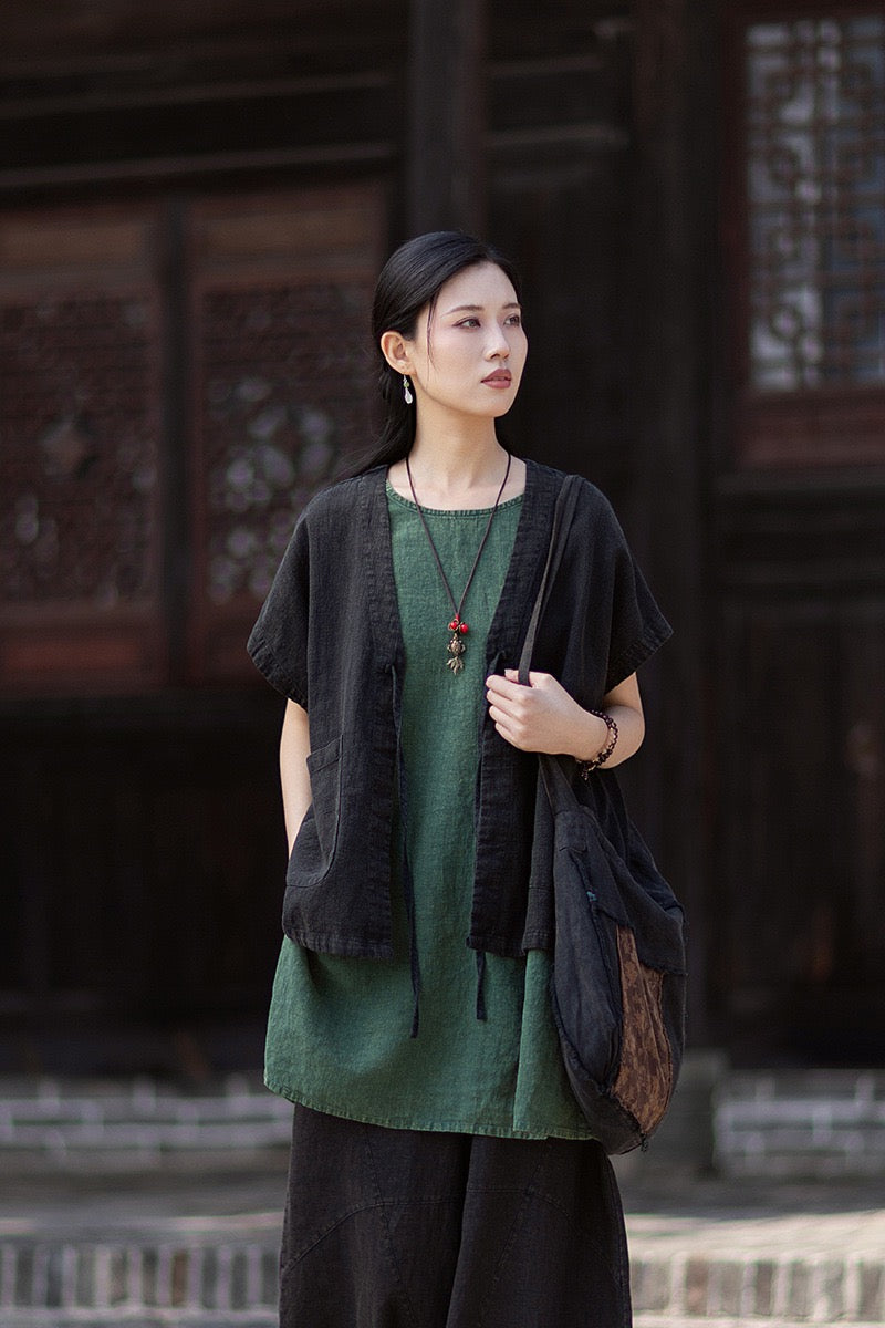Tao One Tech™ • Zen Business Qigong Hanfu Kimono Vest • Tech Pockets • All Season Layer • Chinoiserie • Ramie Cotton