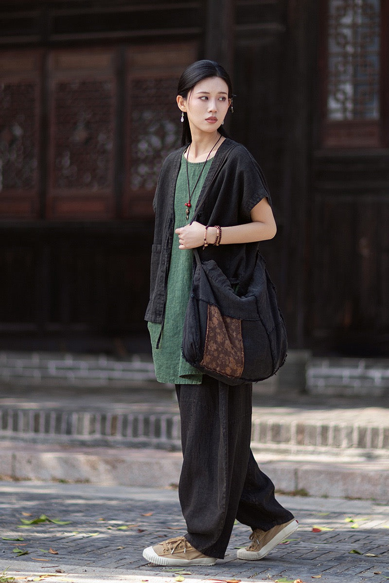Tao One Tech™ • Zen Business Qigong Hanfu Kimono Vest • Tech Pockets • All Season Layer • Chinoiserie • Ramie Cotton