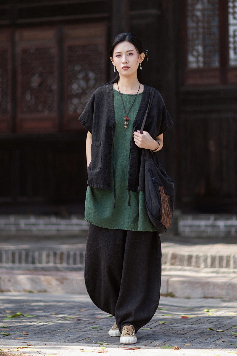 Tao One Tech™ • Zen Business Qigong Hanfu Kimono Vest • Tech Pockets • All Season Layer • Chinoiserie • Ramie Cotton