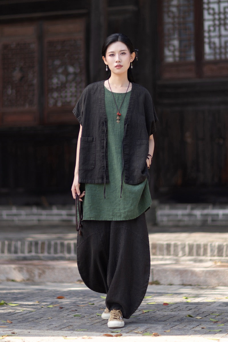 Tao One Tech™ • Zen Business Qigong Hanfu Kimono Vest • Tech Pockets • All Season Layer • Chinoiserie • Ramie Cotton