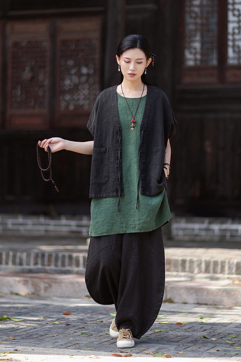 Tao One Tech™ • Zen Business Qigong Hanfu Kimono Vest • Tech Pockets • All Season Layer • Chinoiserie • Ramie Cotton