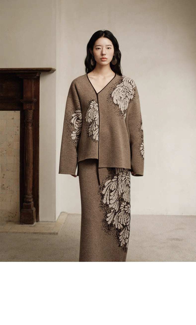 Tao One Tech™ • Painted Winter Floral Jacquard Sweater & Skirt Set • Wool & Yak Wool