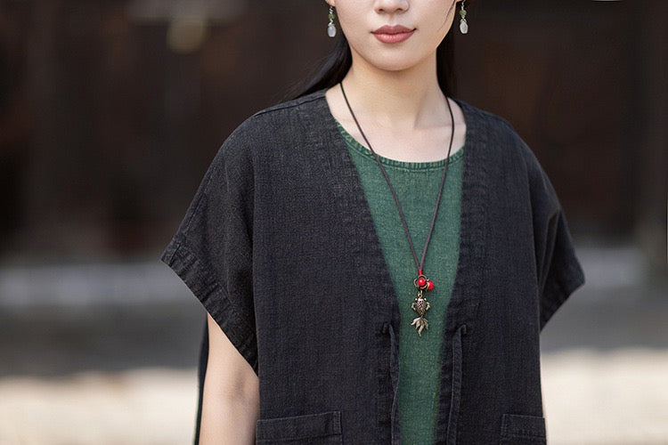 Tao One Tech™ • Zen Business Qigong Hanfu Kimono Vest • Tech Pockets • All Season Layer • Chinoiserie • Ramie Cotton