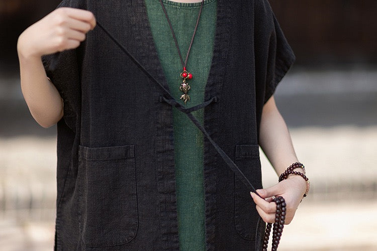 Tao One Tech™ • Zen Business Qigong Hanfu Kimono Vest • Tech Pockets • All Season Layer • Chinoiserie • Ramie Cotton
