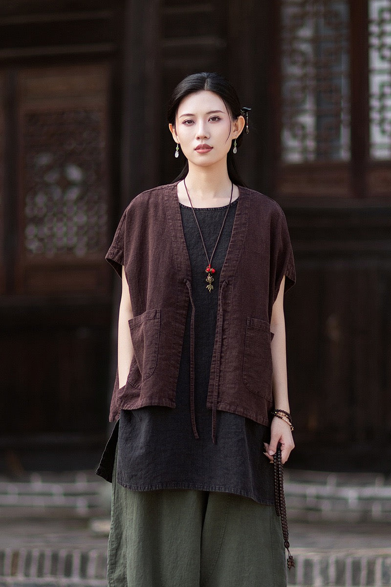 Tao One Tech™ • Zen Business Qigong Hanfu Kimono Vest • Tech Pockets • All Season Layer • Chinoiserie • Ramie Cotton