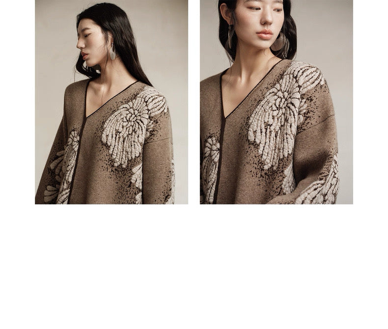 Tao One Tech™ • Painted Winter Floral Jacquard Sweater & Skirt Set • Wool & Yak Wool