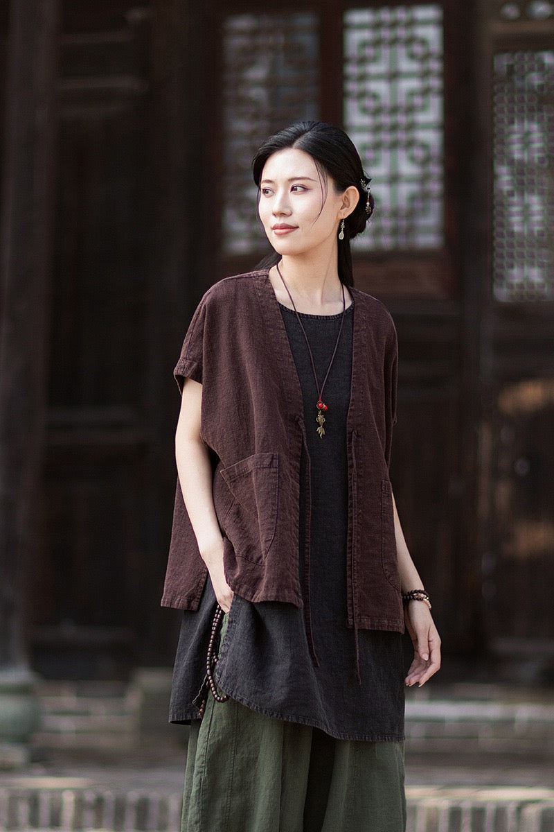 Tao One Tech™ • Zen Business Qigong Hanfu Kimono Vest • Tech Pockets • All Season Layer • Chinoiserie • Ramie Cotton