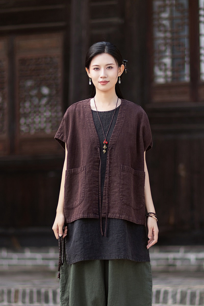 Tao One Tech™ • Zen Business Qigong Hanfu Kimono Vest • Tech Pockets • All Season Layer • Chinoiserie • Ramie Cotton