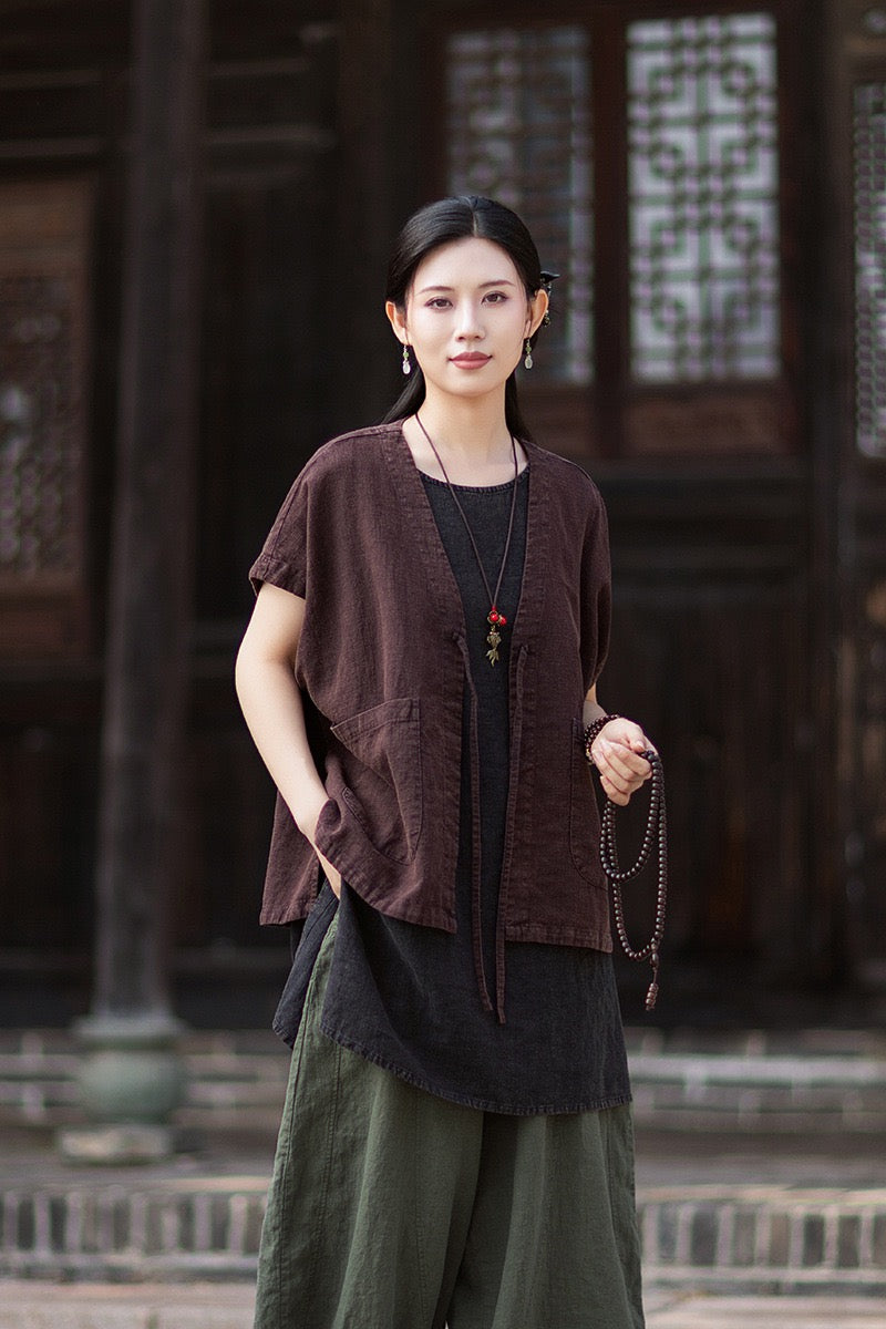 Tao One Tech™ • Zen Business Qigong Hanfu Kimono Vest • Tech Pockets • All Season Layer • Chinoiserie • Ramie Cotton