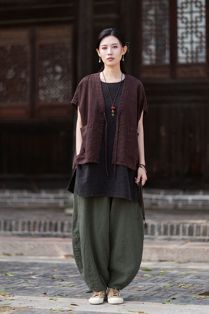Tao One Tech™ • Zen Business Qigong Hanfu Kimono Vest • Tech Pockets • All Season Layer • Chinoiserie • Ramie Cotton