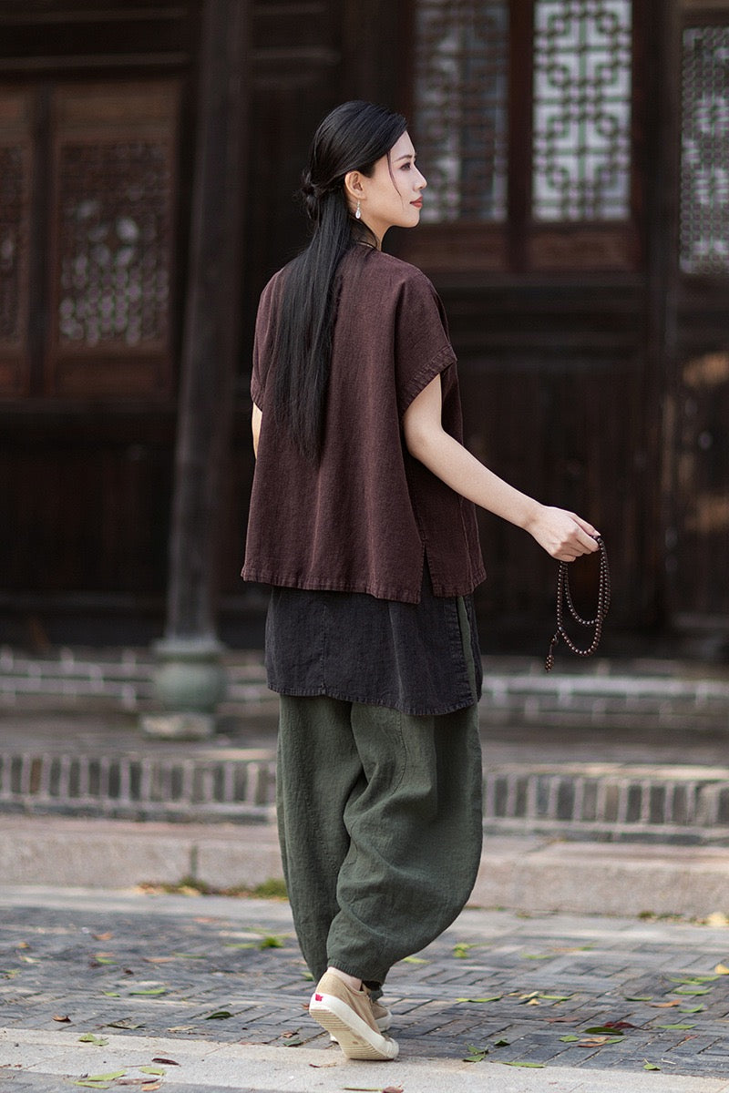 Tao One Tech™ • Zen Business Qigong Hanfu Kimono Vest • Tech Pockets • All Season Layer • Chinoiserie • Ramie Cotton
