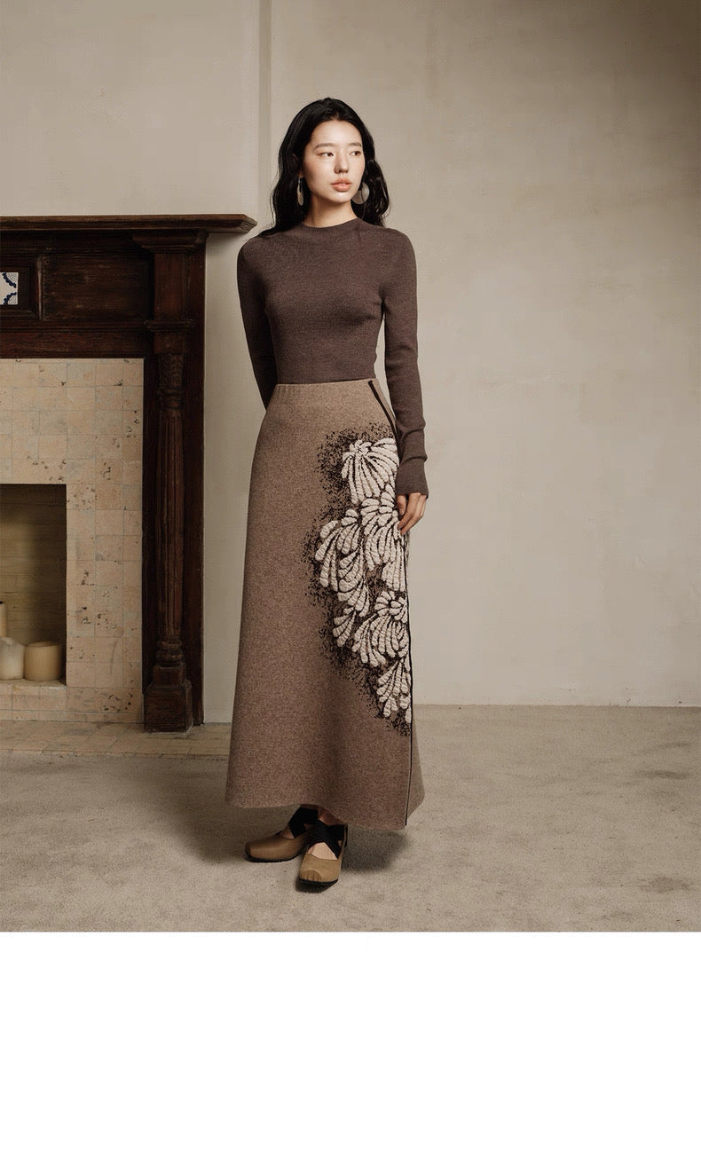 Tao One Tech™ • Painted Winter Floral Jacquard Sweater & Skirt Set • Wool & Yak Wool