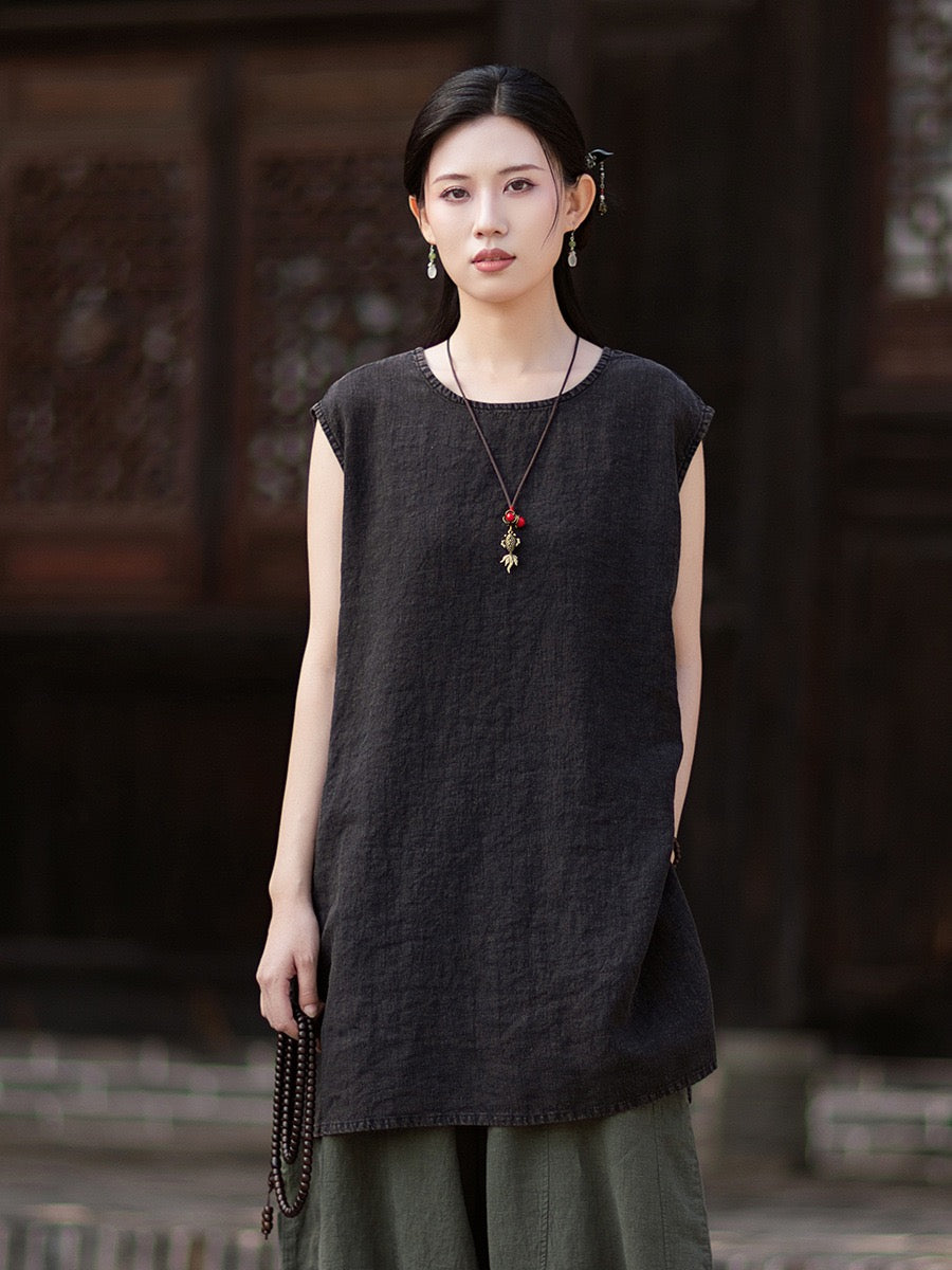 Tao One Tech™ • Zen Business Qigong Shirt Sun Dress • Sleeveless • All Season Layer • Chinoiserie • Ramie Cotton