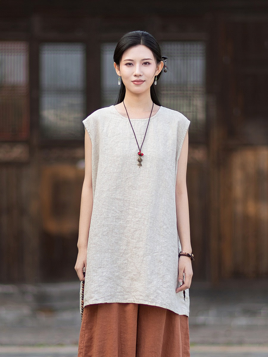 Tao One Tech™ • Zen Business Qigong Shirt Sun Dress • Sleeveless • All Season Layer • Chinoiserie • Ramie Cotton