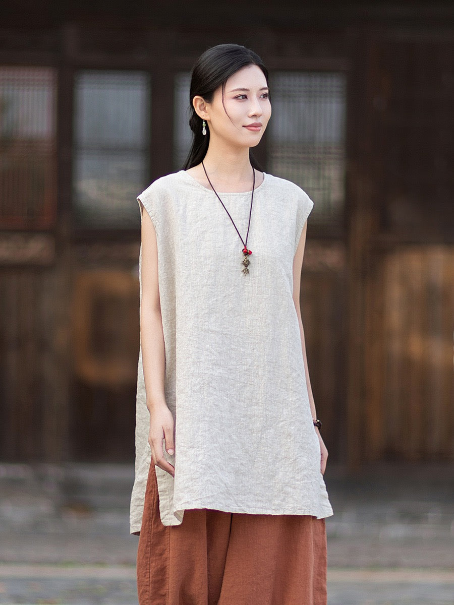 Tao One Tech™ • Zen Business Qigong Shirt Sun Dress • Sleeveless • All Season Layer • Chinoiserie • Ramie Cotton