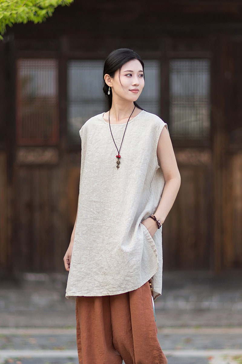Tao One Tech™ • Zen Business Qigong Shirt Sun Dress • Sleeveless • All Season Layer • Chinoiserie • Ramie Cotton