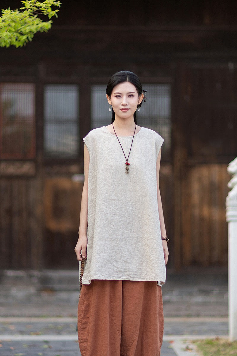 Tao One Tech™ • Zen Business Qigong Shirt Sun Dress • Sleeveless • All Season Layer • Chinoiserie • Ramie Cotton