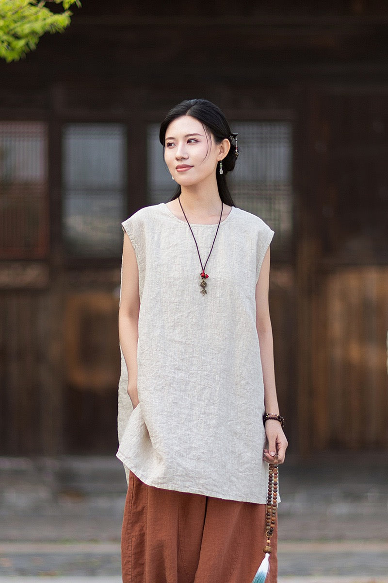 Tao One Tech™ • Zen Business Qigong Shirt Sun Dress • Sleeveless • All Season Layer • Chinoiserie • Ramie Cotton