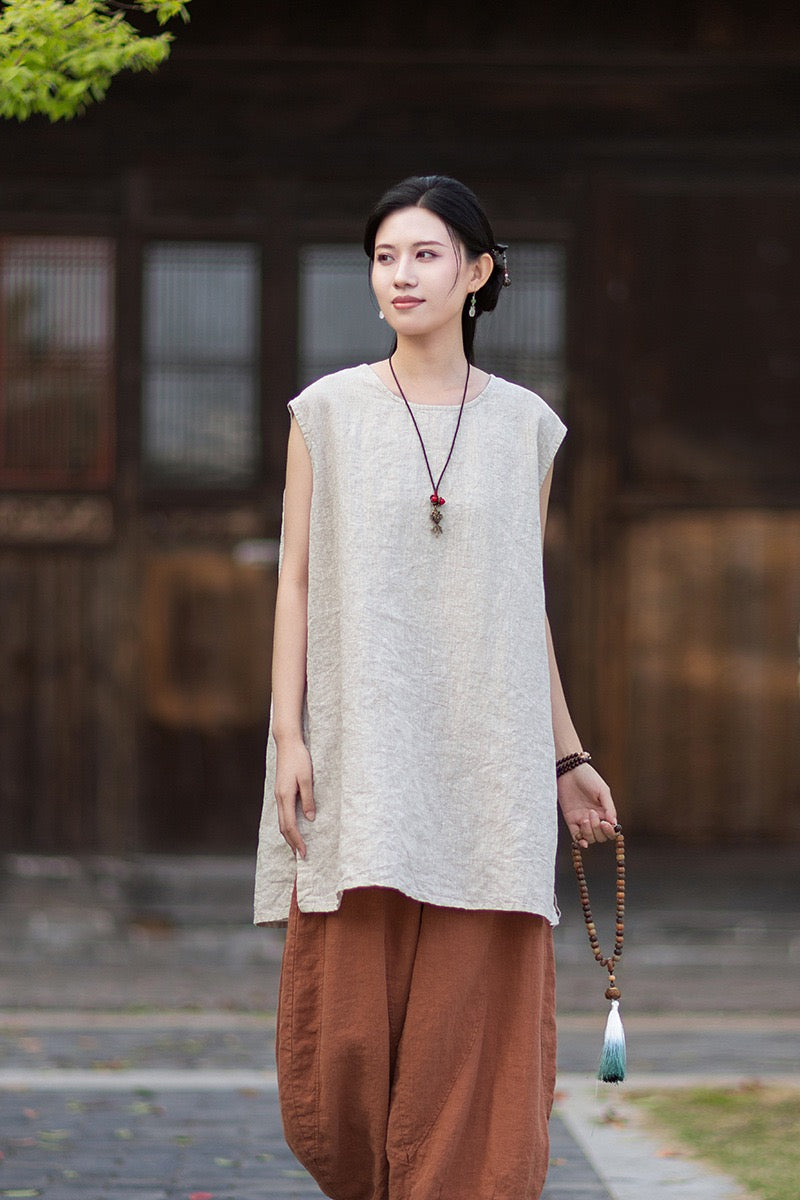 Tao One Tech™ • Zen Business Qigong Shirt Sun Dress • Sleeveless • All Season Layer • Chinoiserie • Ramie Cotton