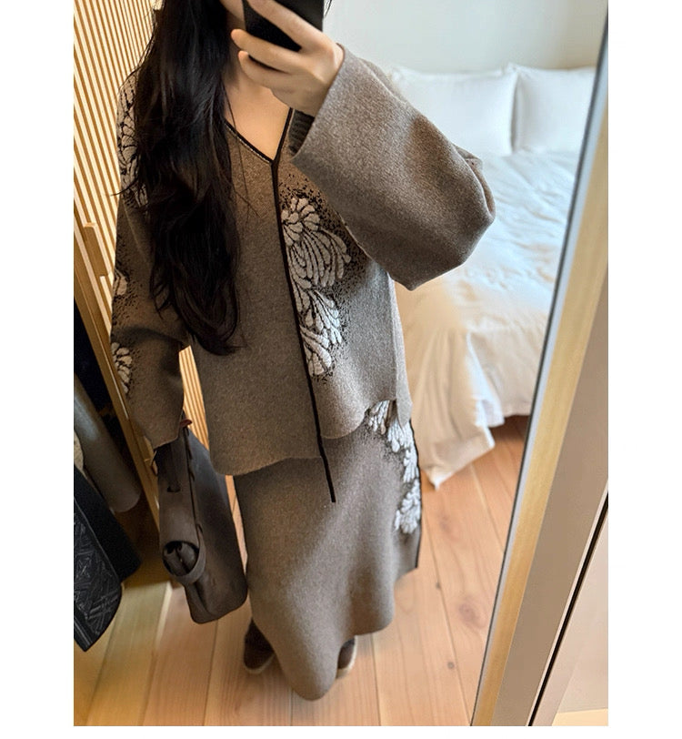 Tao One Tech™ • Painted Winter Floral Jacquard Sweater & Skirt Set • Wool & Yak Wool