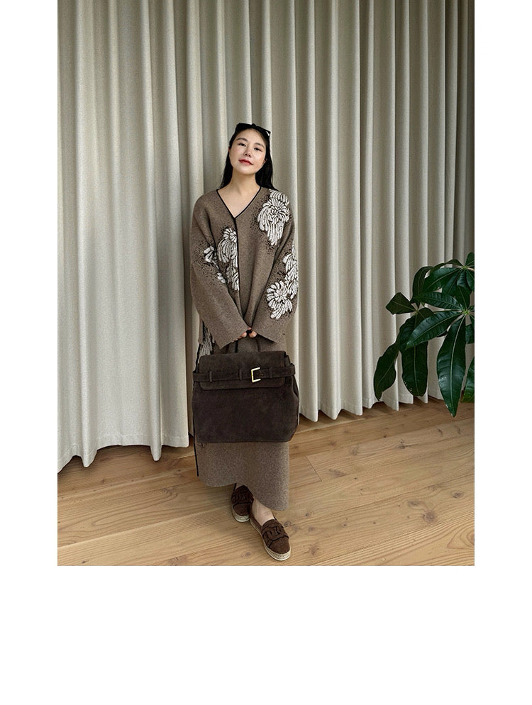 Tao One Tech™ • Painted Winter Floral Jacquard Sweater & Skirt Set • Wool & Yak Wool