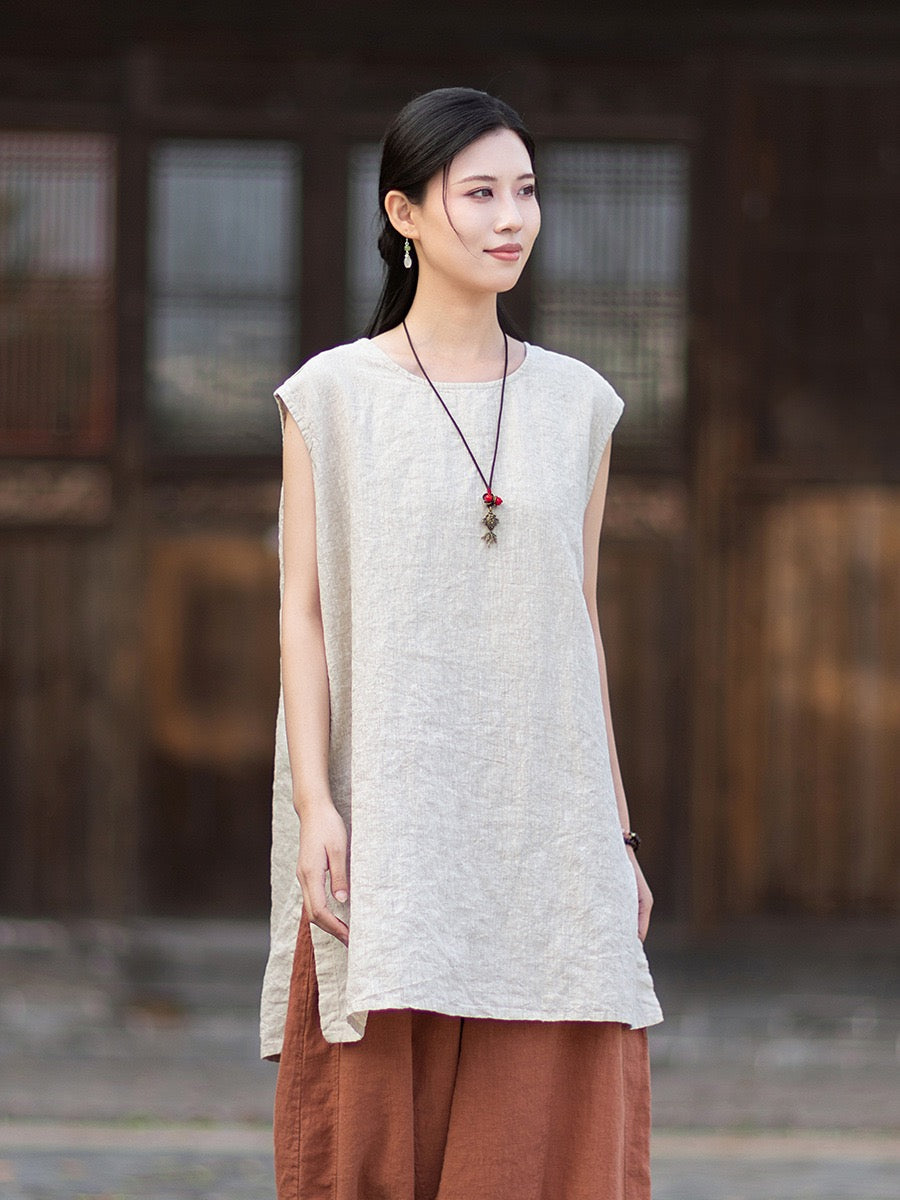 Tao One Tech™ • Zen Business Qigong Shirt Sun Dress • Sleeveless • All Season Layer • Chinoiserie • Ramie Cotton
